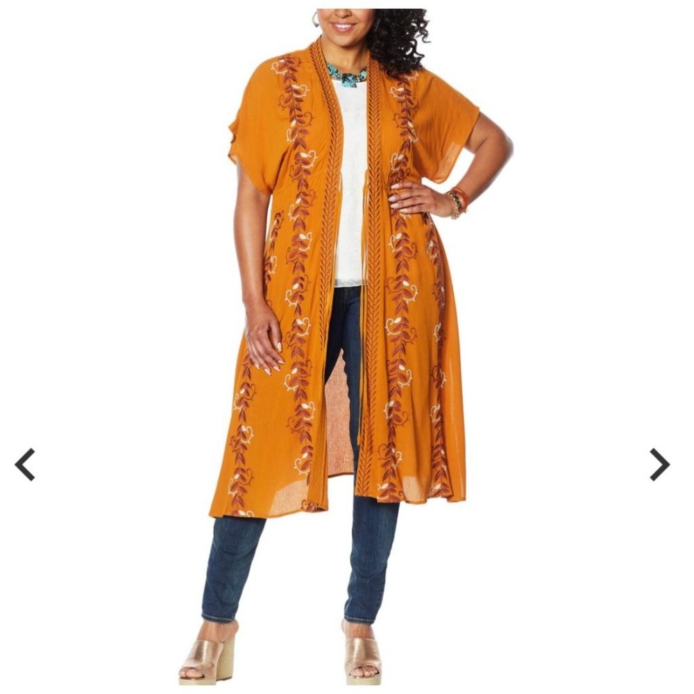 NWT Curations Embroidered Gauze Kaftan, Petite Length, Size XL, Cognac color